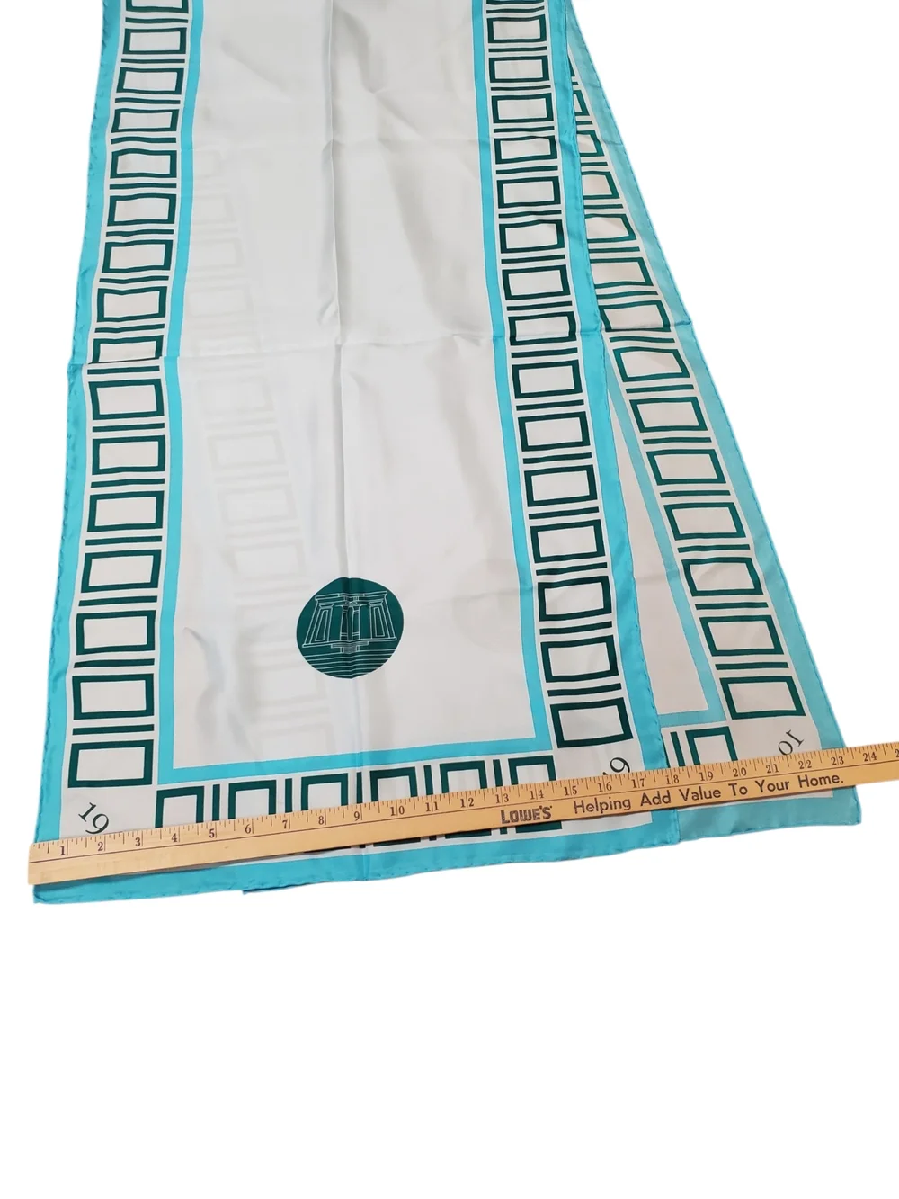 Vntg 100% Silk Scarf Geometric MCM Space Age 1949 Graphic Turquoise Blue. Korea - Picture 9 of 10